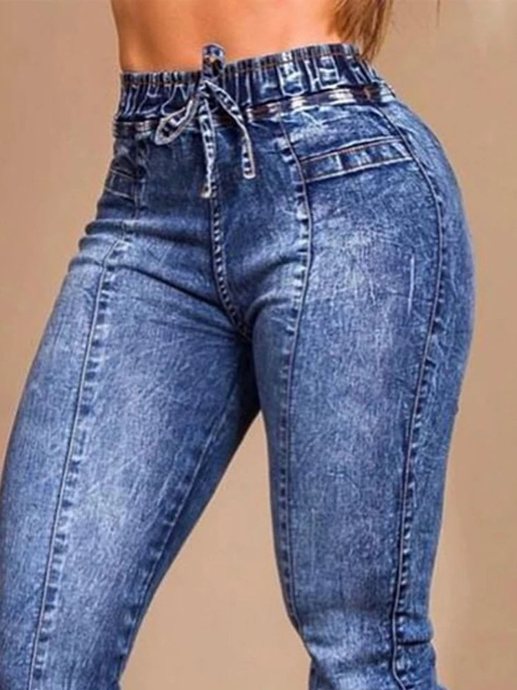 Women Jeans Elastic Waist Solid Color Pencil Pants Pockets Streetwear Casual Slim Fit High Street Flat Zipper 2023 Autumn Aviola