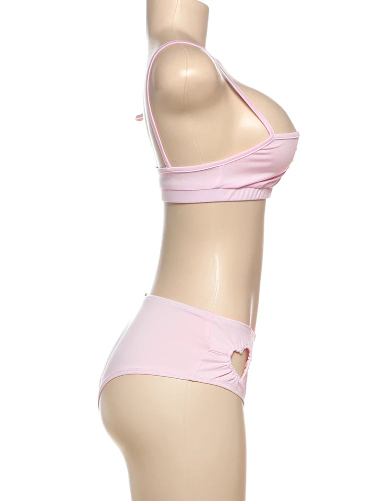 Nibber Sexy Heart Hollow 2 Piece Set Women Simple Vacation Camisole+Panties Beach Style Matching Stretch Street Comfortable Suit Aviola