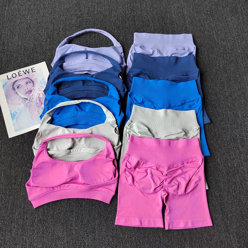 2 Pieces Yoga Suit for Women Seamless Fitness Gym Clothes Halter Sports Bra Matching Impact Shorts Workout Sets Gym Set Outfit Aviola