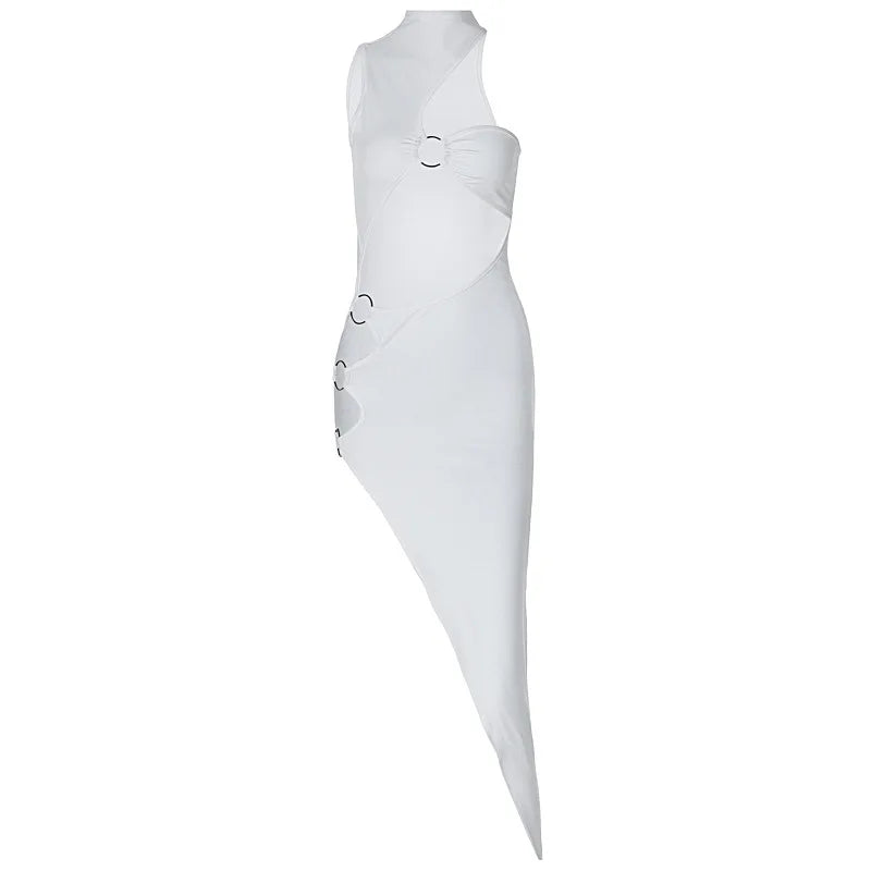Nibber Rings Patchwork Dress Women Sexy Irregular Hollow Sleeveless Midnight Hottie Club Party Hipster Solid Slits Long Bodycon Aviola