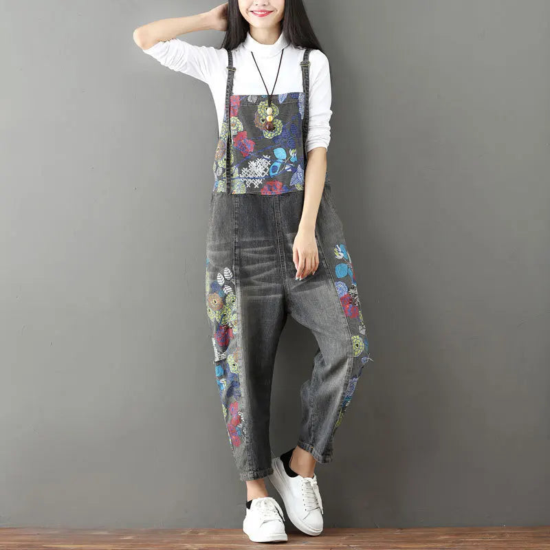 Overalls Women Suspenders Sling Jumpsuits Denim One Piece Wide Leg Long Pants High Waist Rompers Y2k Streetwear Print Floral Aviola