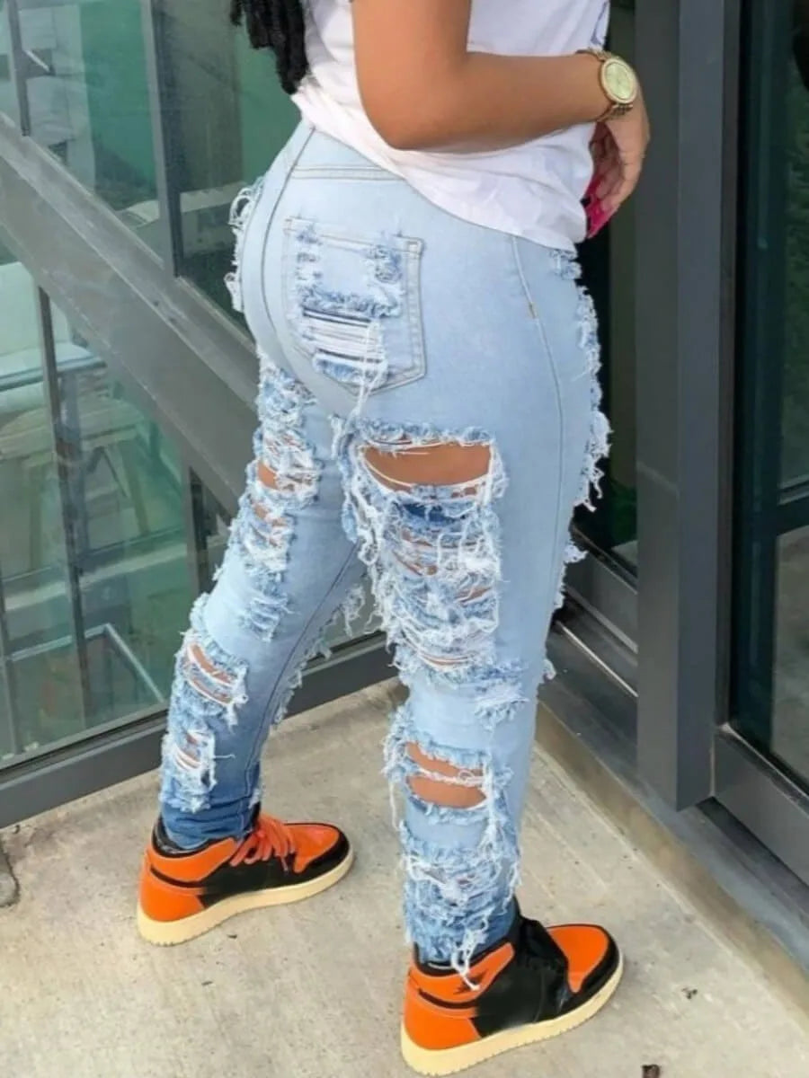 Jeans Ankle Length Women Pencil Denim Hole Pants Ripped Pockets High Waist Jean Skinny Streetwear Button Washed Distressed Aviola