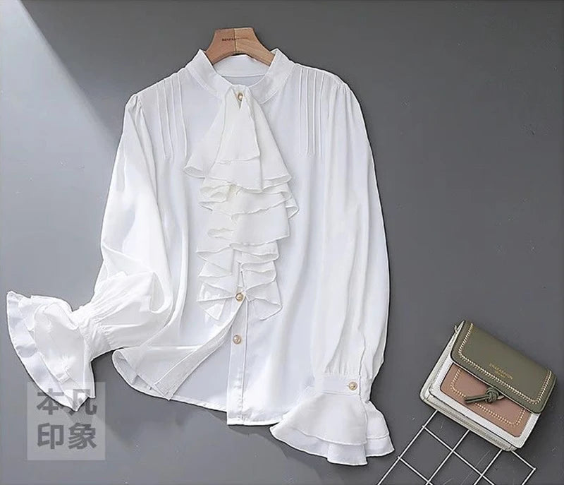 MEXZT Vintage White Shirts Women Elegant Ruffles Flare Long Sleeve Blouses Office Ladies Korean Single Breasted Design Chic Tops Aviola