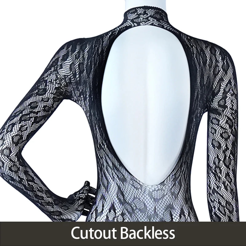 New Sexy Crotchless Lingerie Women Backless Cutout Bra Set Mesh See Through Bodystocking Full Sleeve Leopard Print Underwear Set Aviola