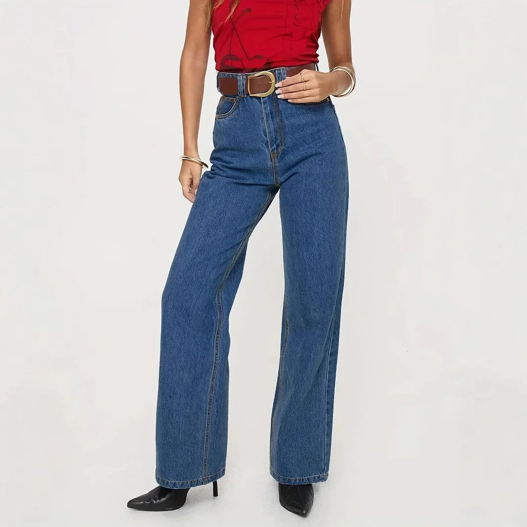 Jeans Women Vintage Straight Pants High Waist Washed Distressed Button Pockets 2025 Streetwear Mom Y2k Basis Denims Trousers Aviola