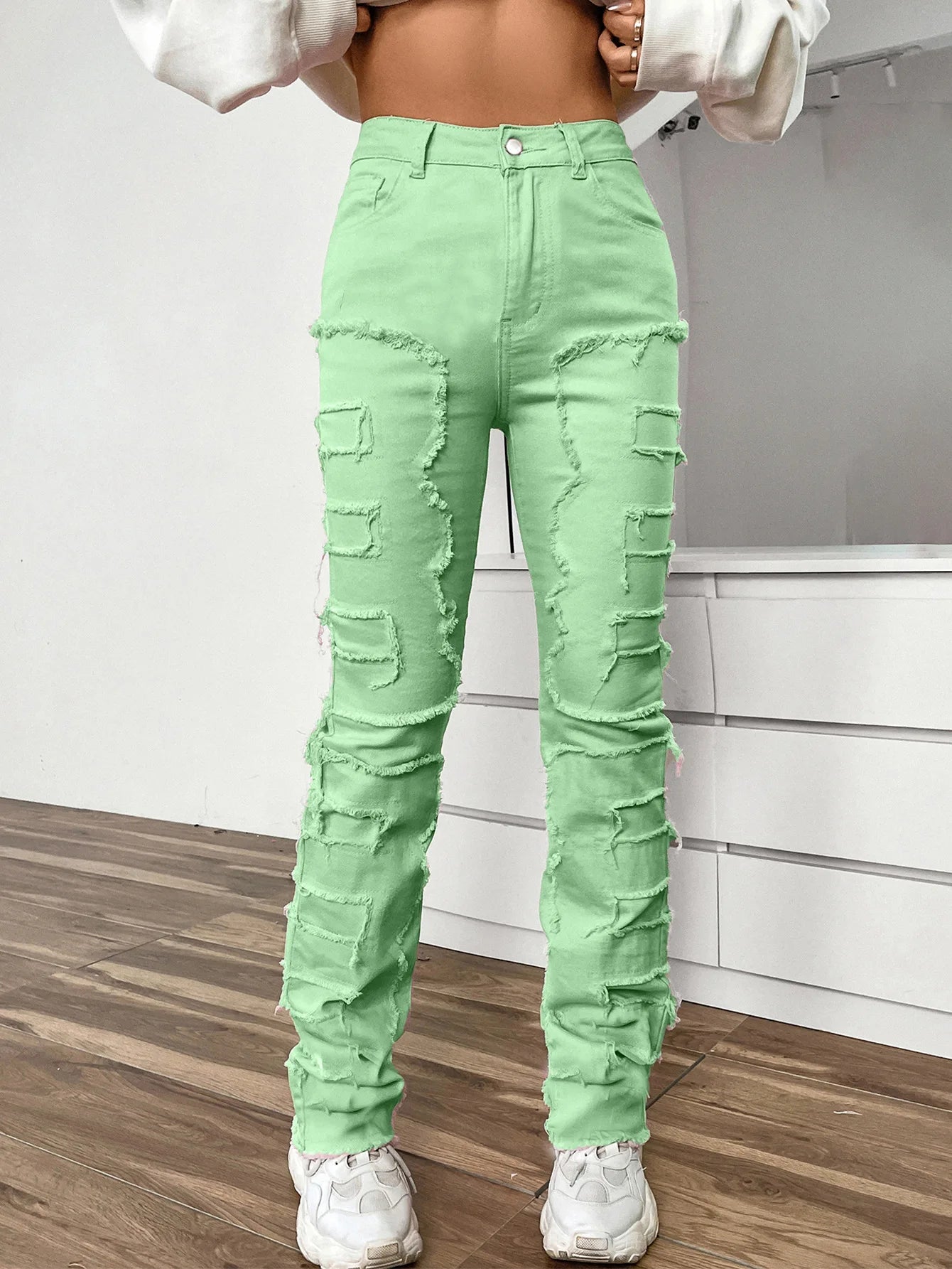 Women Jeans Denim Straight Pants Spliced Patchwork High Street Slim Fit Pockets Mid Waist Washing Zipper Slight Srech 2024 Aviola