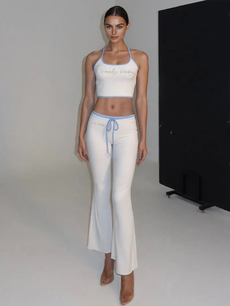 Nibber Fad Casual Letter Print 2 Piece Set Women Halter Bandage Crop Tops+Drawstring Stretch Flare Pants Vacation Simple Suits Aviola