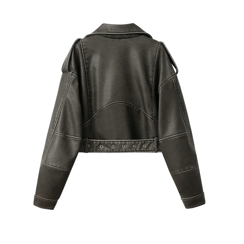 RARF 2024New Coal graysty le Women's washed leather jacket with belt, short coat with downgraded zipper and vintage lapel jacket Aviola