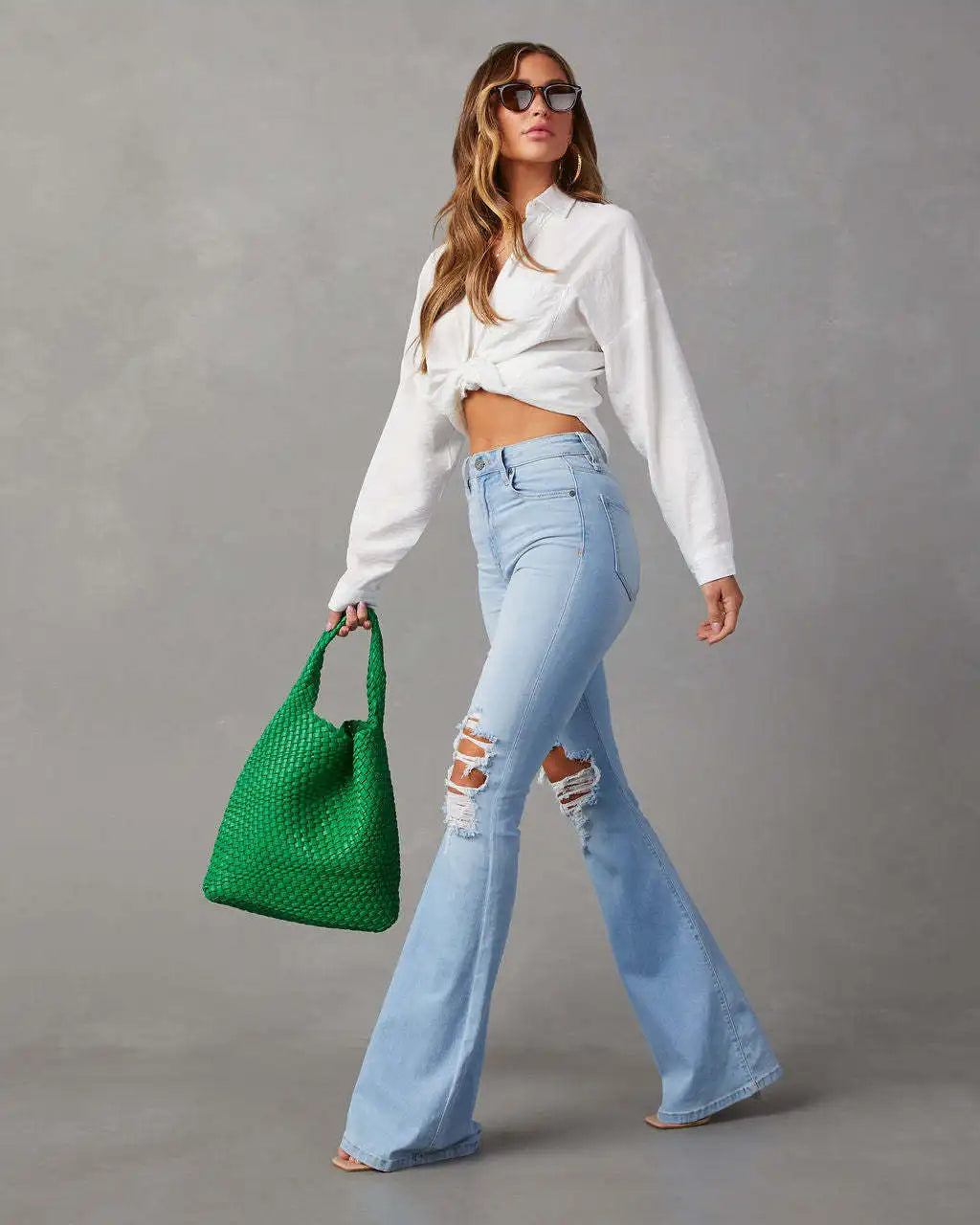 Women Denim Flare Pants Streetwear Jeans Loose Fit High Waist Pockets Holes Ankle Length Solid Color Spring 2024 Zipper Fly Aviola
