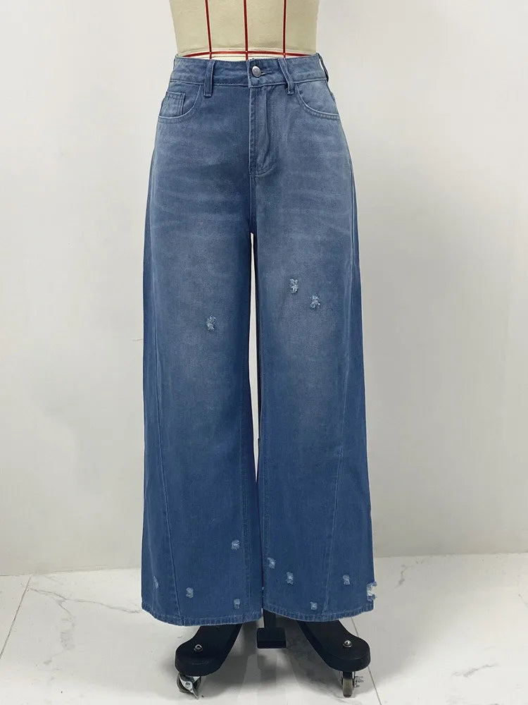 Women Denim Holes Jeans Washing Pencil Pants High Waist Zipper Mom Fly Slim Wide Leg Pockets Full Length Spring 2025 Streetwear Aviola