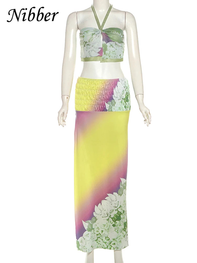 Nibber Gradient Print 2Piece Set Summer Trend Halter Camisole+Ruched Peach Hip Maxi Skirts Matching Club Beach Vacation Suit Aviola