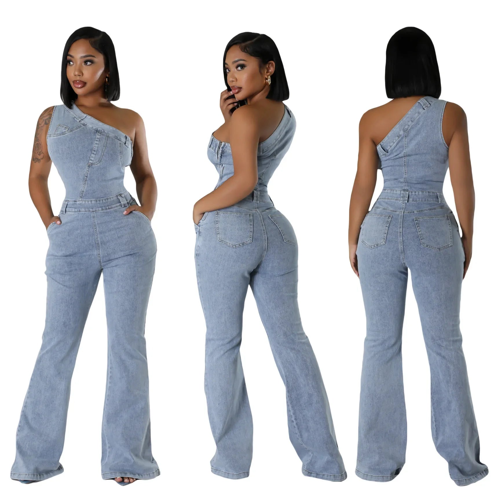 Flare Denim Pants Full Length Women Jeans One Piece Overalls Spliced Solid Jumpsuits Loose Pockets High Waist Basics Washed Aviola