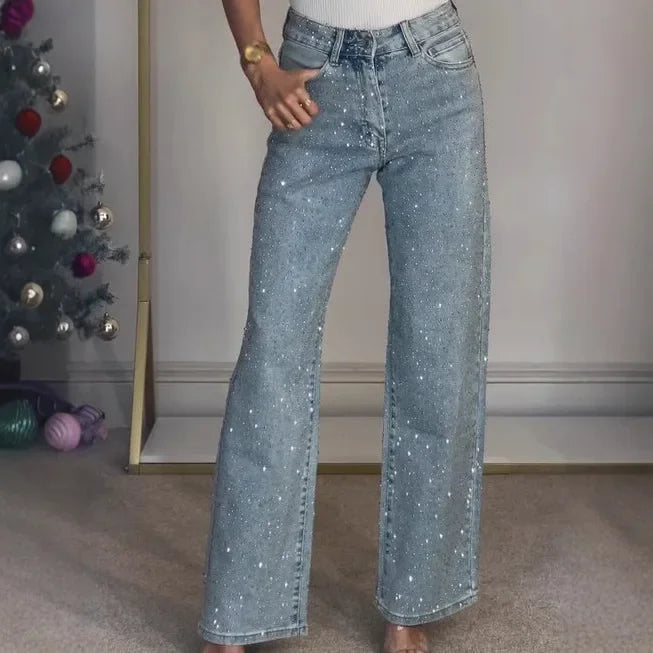 Jeans for Women Straight Diamonds Pants Stretch High Waist Washed Mom Jeans Vintage Denims Streetwear Y2k Streetwear Trousers Aviola