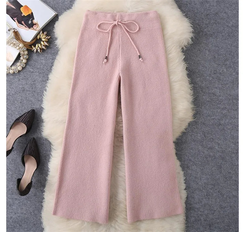 Women Tracksuit Thick Sweater Autumn Winter Knitted Two Piece Set Top+Knitted wide leg Pant Warm Sweater Elastic Trousers Suits Aviola