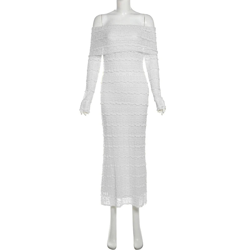 Nibber See Through Vacation Dress Women Jacquard Lapel Slash Neck Backless Full Sleeve Beach Party Elegant Chic Long Bodycon Aviola