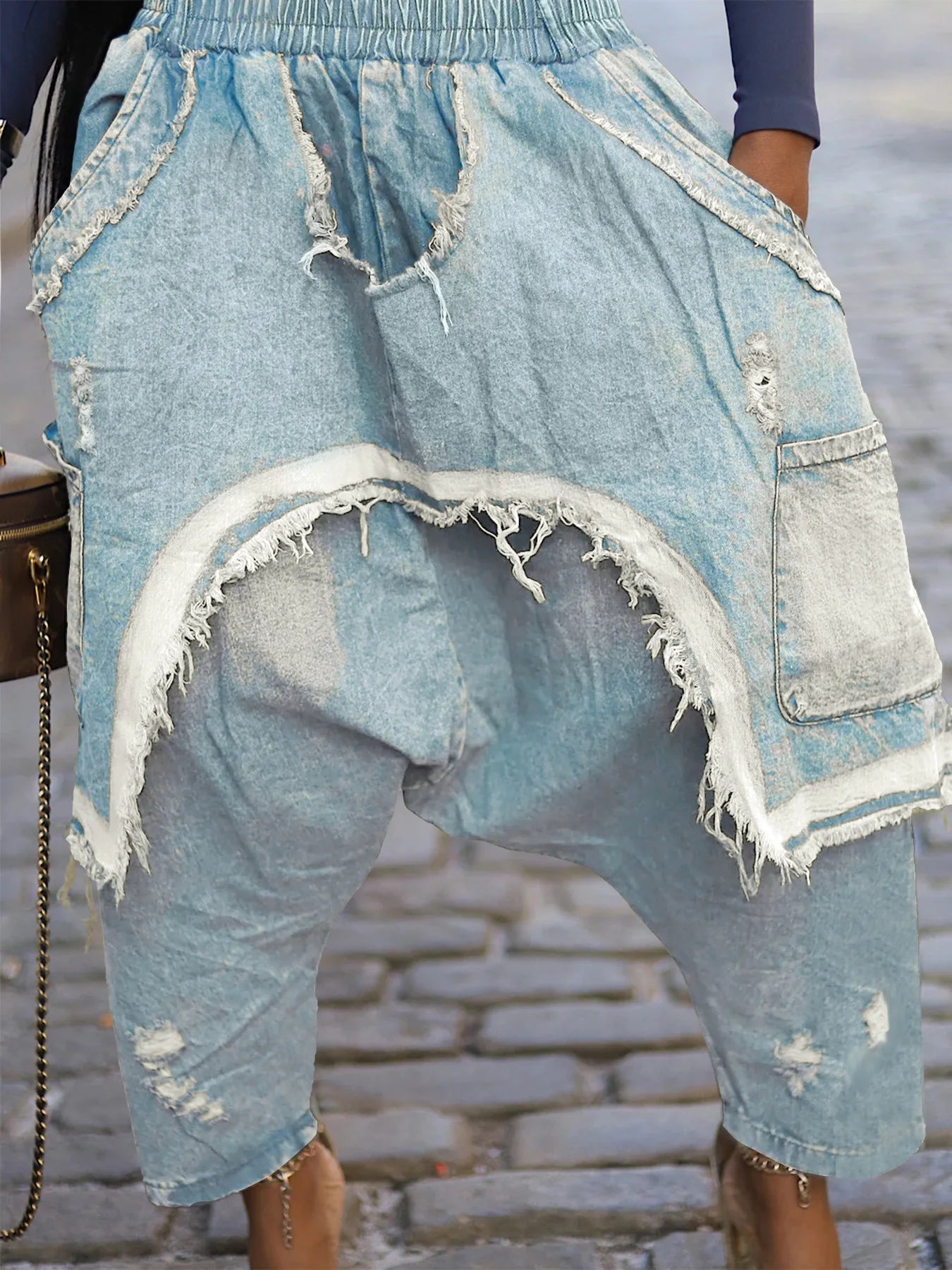 Jeans Women Harem Pants Hole Elastic Waist Tassels Washed Denim Pants Punk Y2k Streetwear 2025 Ripped Ankle Length Trousers Aviola