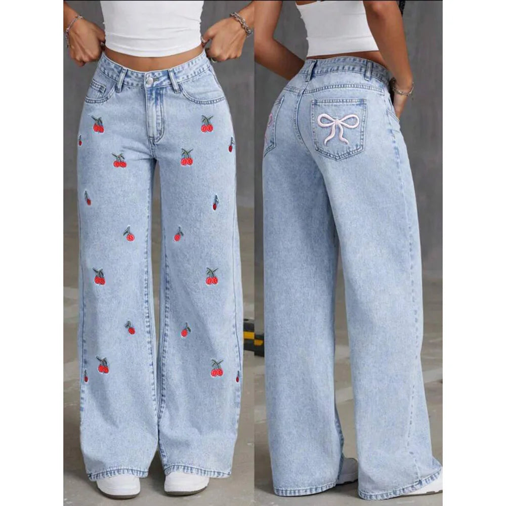 Denim Wide Leg Pants Women Jeans Embroidery High Waist Distressed Washed Mom Pockets Vintage Floor Length Trousers Streetwear Aviola