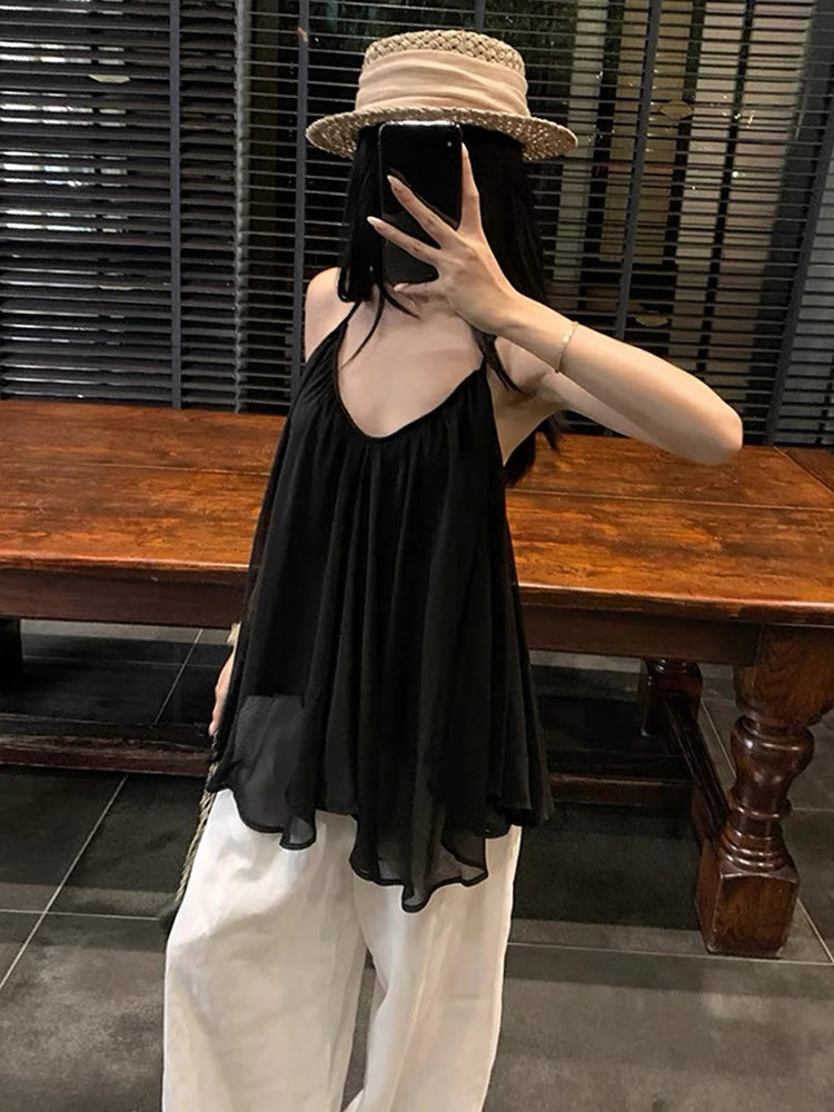 Nibber Backless Dress Women Low-Neck Folds Sleeveless Mesh Solid Summer Fashion Beach Party Vacation Simple Sexy Mini Bodycon Aviola