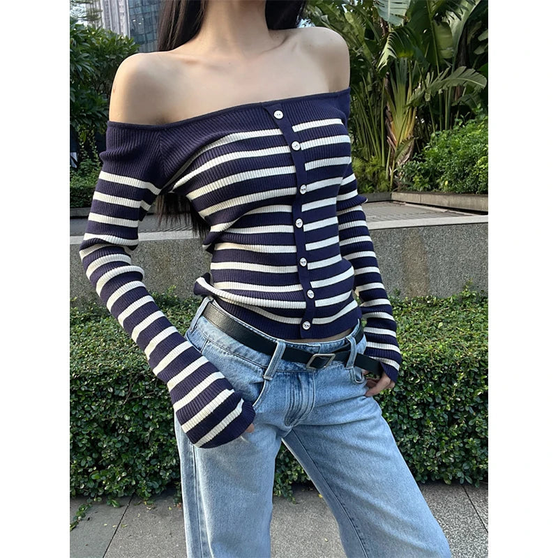 MEXZT Vintage Striped Sweater Women Sexy Cropped Slash Neck Knitted Pullovers Streetwear Korean Knitwears Winter Ladies Jumpers Aviola