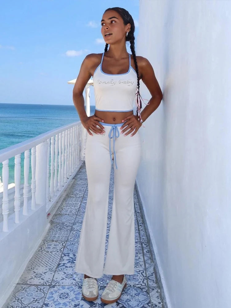 Nibber Fad Casual Letter Print 2 Piece Set Women Halter Bandage Crop Tops+Drawstring Stretch Flare Pants Vacation Simple Suits Aviola