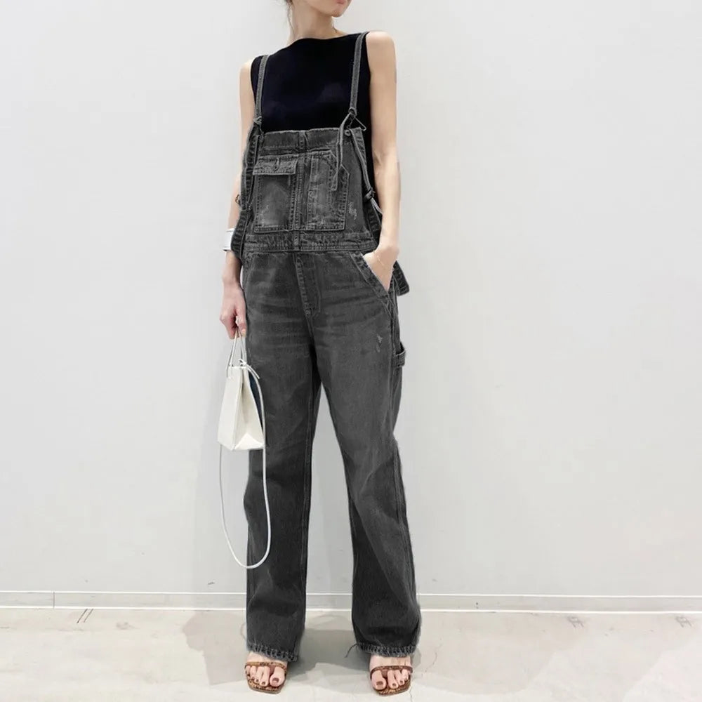 Overalls Vintage Spliced Washed Jeans Women Ankle Length Denim Straight Cargo Pants Jean Pockets Solid Basics 2024 Loose Aviola