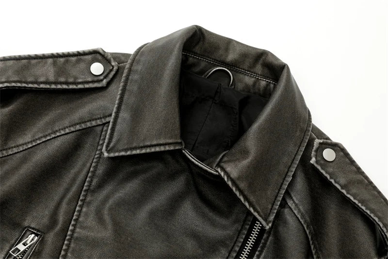 RARF 2024New Coal graysty le Women's washed leather jacket with belt, short coat with downgraded zipper and vintage lapel jacket Aviola