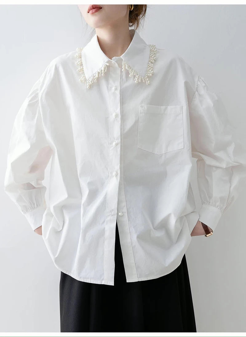 MEXZT Elegant White Shirts Women Fashion Beading Patchwork Blouses Office Ladies Korean Long Sleeve Pocket Design Casual Tops Aviola