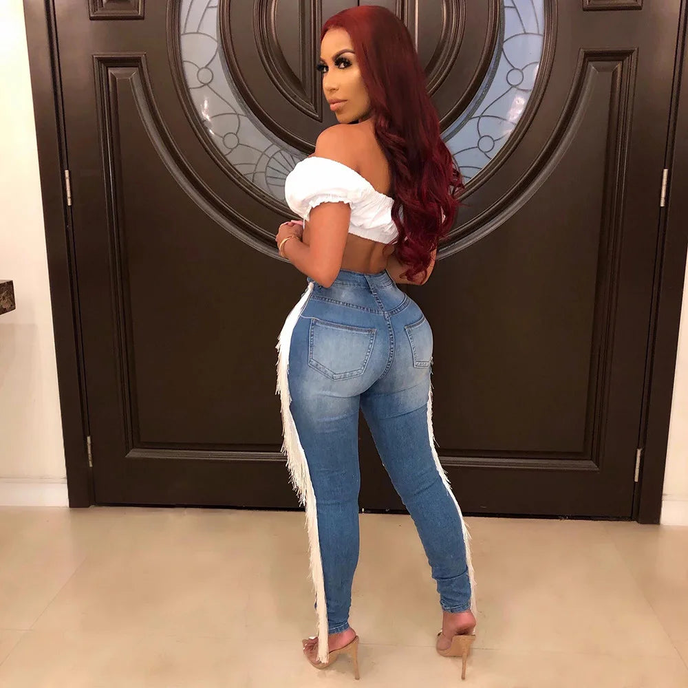 Denim Pants Women Mom Jeans Hole Long Pants Tassel High Waist Straight Trousers Y2k Bodycon Slim Fit Splice Streetwear 2025 Aviola