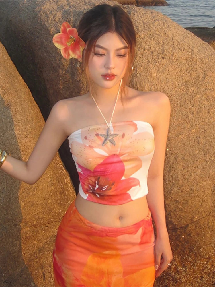 Nibber Colorful Wrap Tops Women Flower Print Chest Wrap Sleeve Backless Skinny Beach Party Simple Classic Summer Mini Clothes Aviola