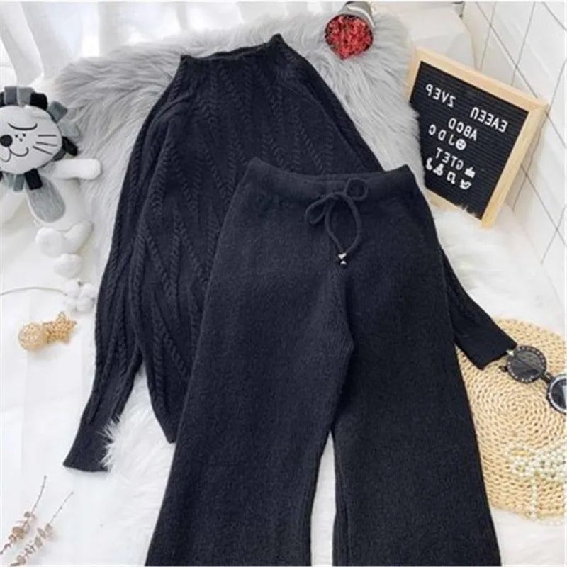 Women Tracksuit Thick Sweater Autumn Winter Knitted Two Piece Set Top+Knitted wide leg Pant Warm Sweater Elastic Trousers Suits Aviola