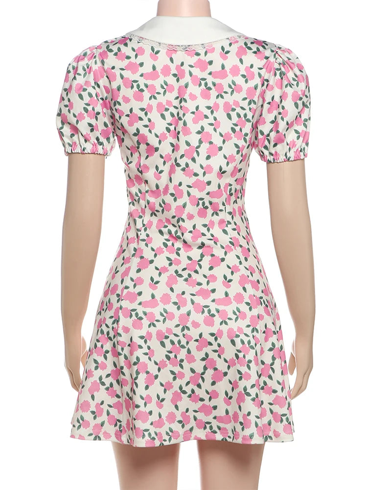 Nibber Low-Neck Dress Women Floral Print Patchwork Lace Draps Puff Sleeves Elegant Temperament Sweet Summer Trend Party Bodycon Aviola