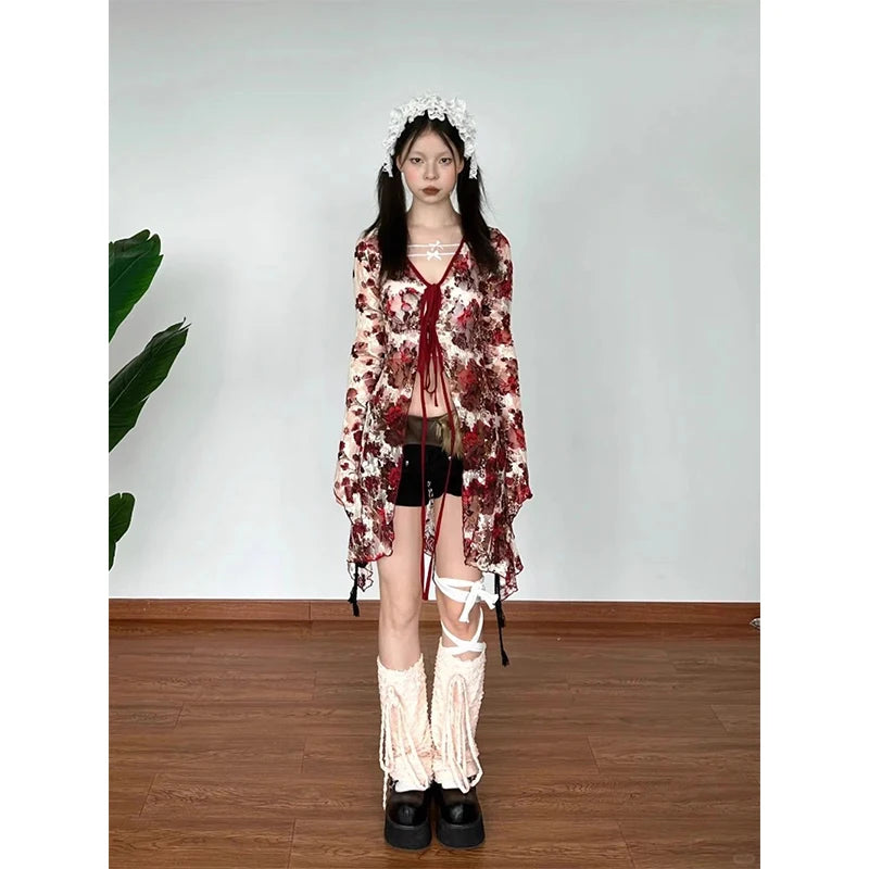 MEXZT Vintage Floral Shirts Women Y2K Aesthetic Lace Bandage Blouses Summer Harajuku V Neck Print Flare Long Sleeve Slim Tops Aviola
