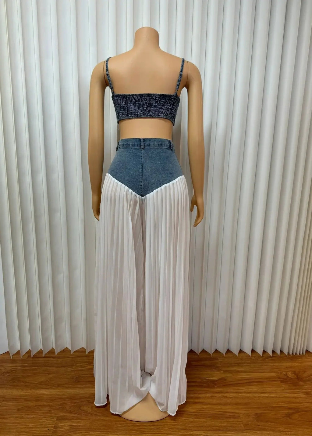 Two Piece Sets Women Sexy Denim Camisole Wide Leg Pants Patchwork Folds Slip Vest Matching Sets Suit 2025 Summer Casual Outfits Aviola