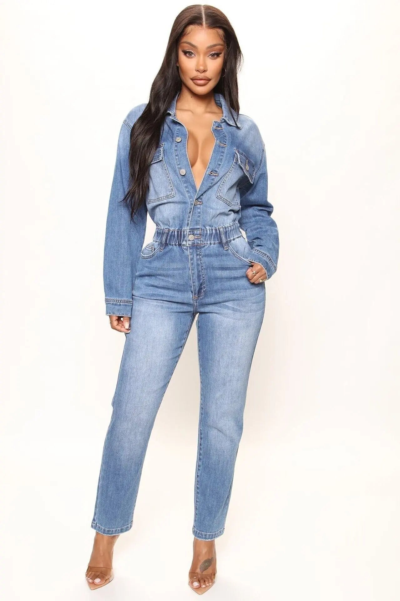 Women Jeans Jumpsuits Single Breasted Solid Denim Washing Overalls Pockets High Street Button Pencil Pants Ankle Length Aviola