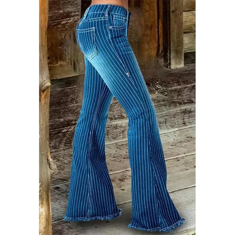 Stripe Jeans Women Mid Waist Flare Pants Ladies Trousers Female Casual Slim 2025 Summer Button High Strecth Elegant Office Lady Aviola