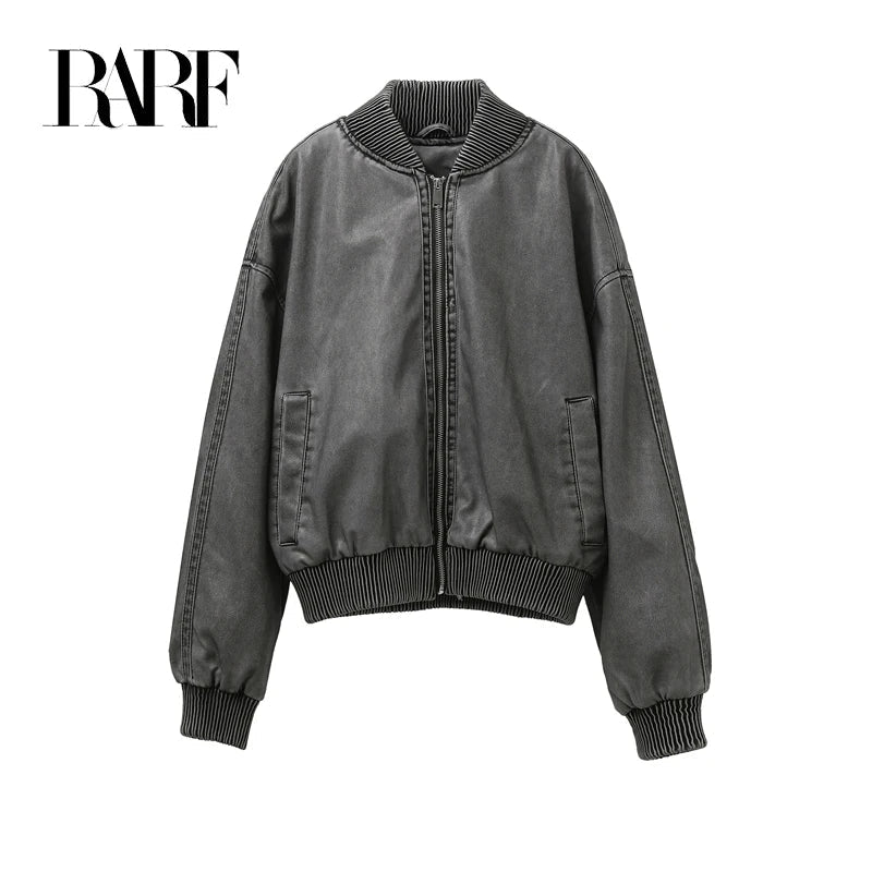 RARF 2024 Women's Wash gray new do old wash Effect Bomber Jacket Thread stand collar long sleeve PU women's coat top Aviola