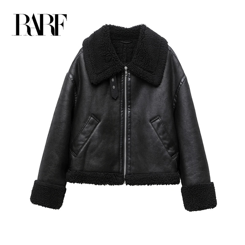 RARF 2024 women's new autumn fur one black double-sided motorcycle jacket jacket thickened women's thermal top Aviola