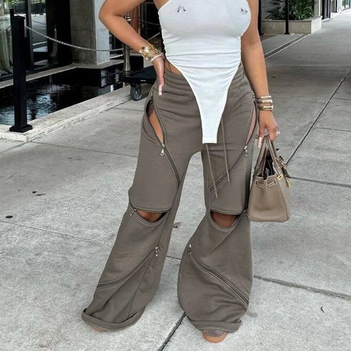 Women Boot Cut Pants Mid Waist Zipper Trousers Drawstring Pant Casual Office Lady Loose Long 2025 Summer Capris Y2k Streetwear Aviola