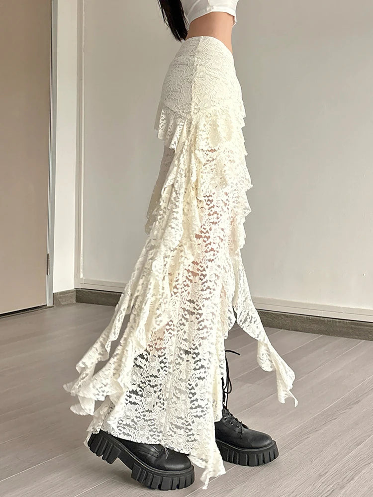 Nibber Tassels Women Skirts Irregular Hem Multi-Layered Ruffles Lace Patchwork Sweet Summer Trend Daily Skinny Versatile Bottoms Aviola