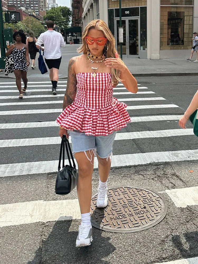 Nibber Red And White Checkered Print Chest Wrap Pleated Fluffy Hem Sleeveless Backless Vacation Versatile Beach Party Trend Tops Aviola