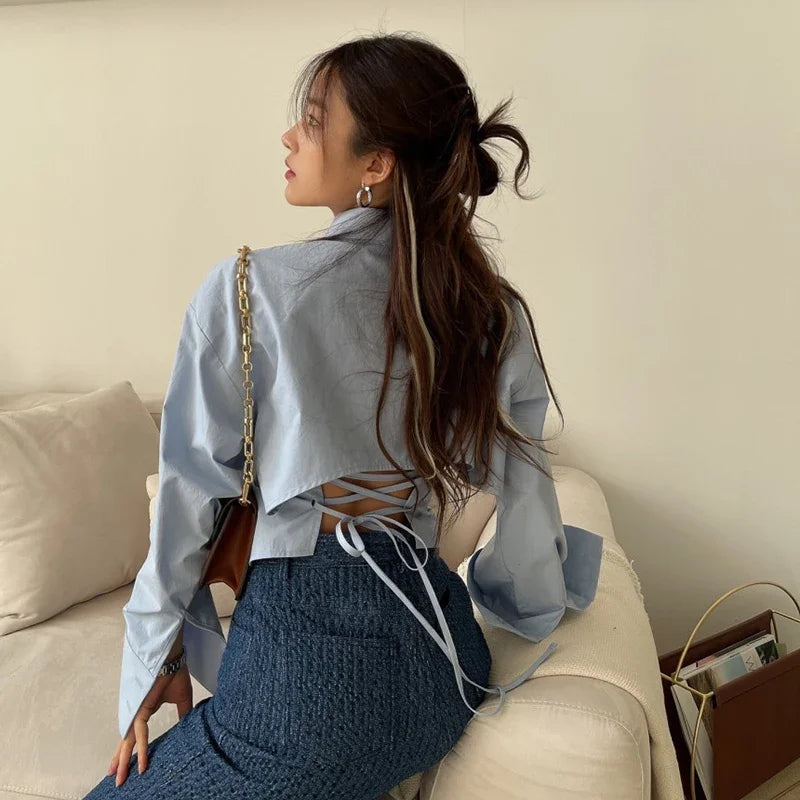 MEXZT Korean Long Sleeve Shirt Women Sexy Strap Backless Chic Blouse Office Lady Slim Lace Up Turn Down Collar Casual Top Aviola