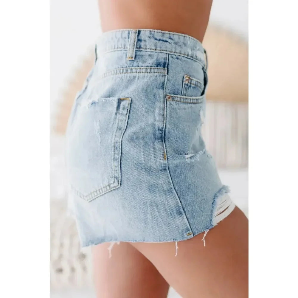 Denim Shorts Women Sexy Ripped Mom Jeans Button Pocket Washed Distressed Mid Waist Streetwear Short Summer 2025 Hole Short Pants Aviola