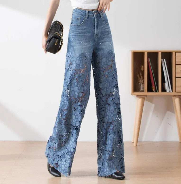 Denim Pant Women Jeans Hollow Out Floral Long Pants Slim Lace High Waist Straight Trousers Y2k Streetwear Splice Mom Party Club Aviola