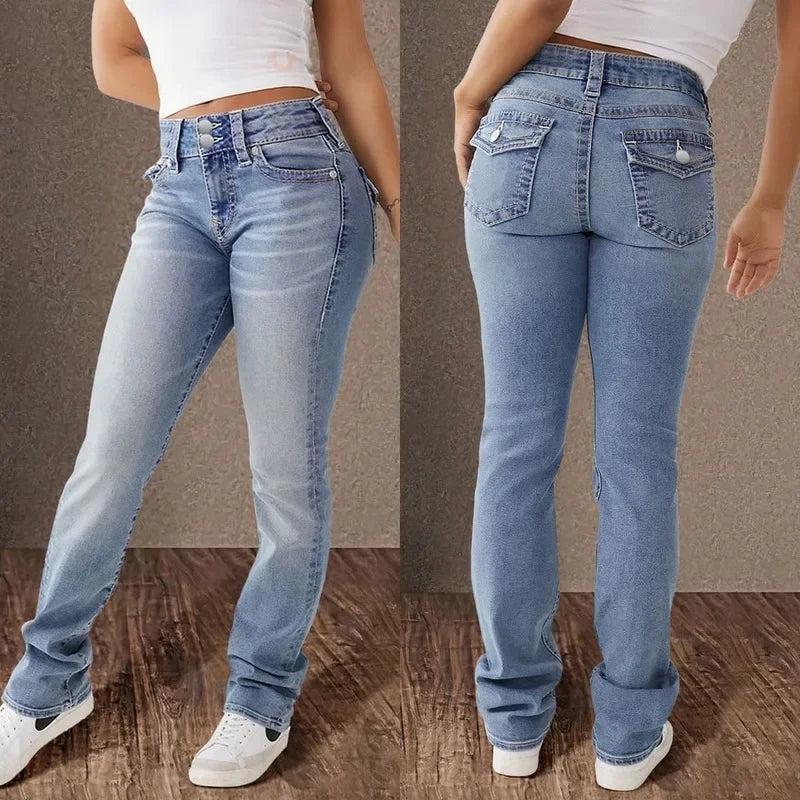 Jeans Denim Pant Women Long Pants Bodycon Button Pocket Splice Straight Trousers Solid Y2k Blue Mom Mid Waist Slim Streetwear Aviola