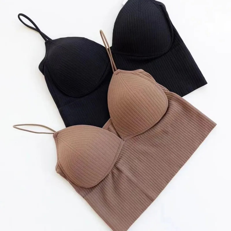 Women Tank Top With Built In Bras Fixed Cup Anti Glare Streetwear Crop Tops Female Seamless Underwear Padded Camisole Summer Aviola