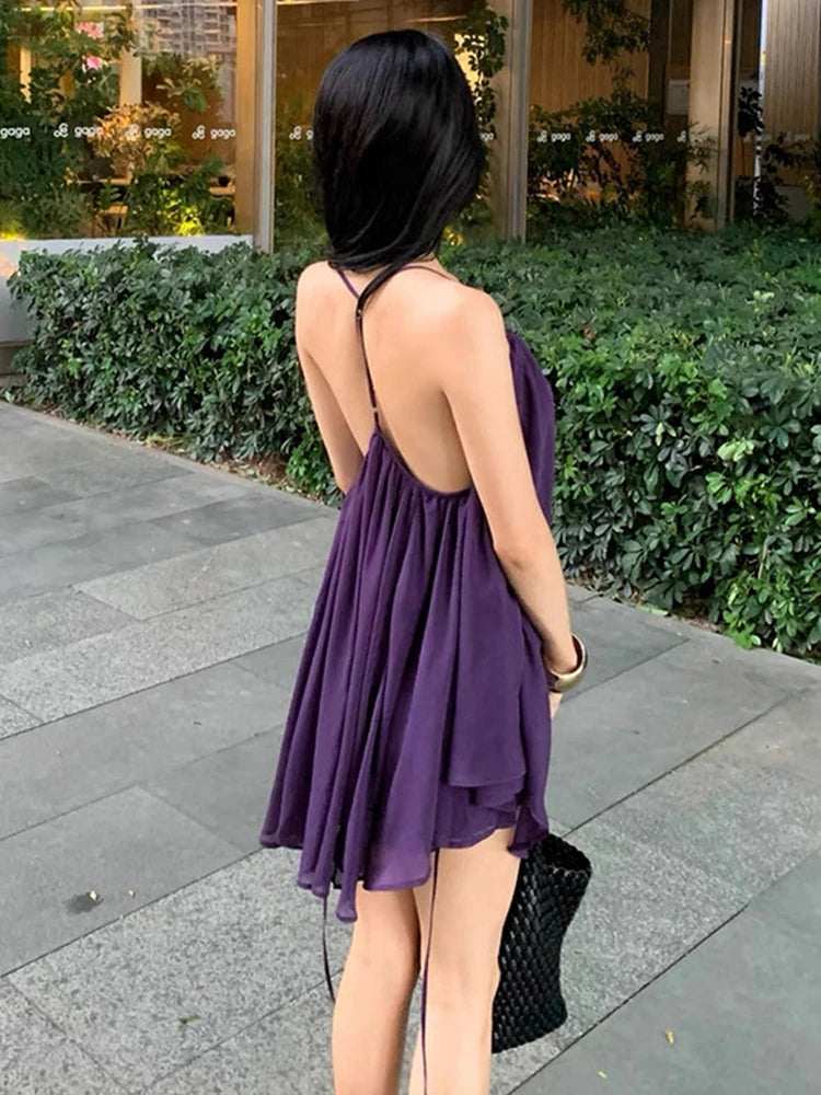 Nibber Backless Dress Women Low-Neck Folds Sleeveless Mesh Solid Summer Fashion Beach Party Vacation Simple Sexy Mini Bodycon Aviola