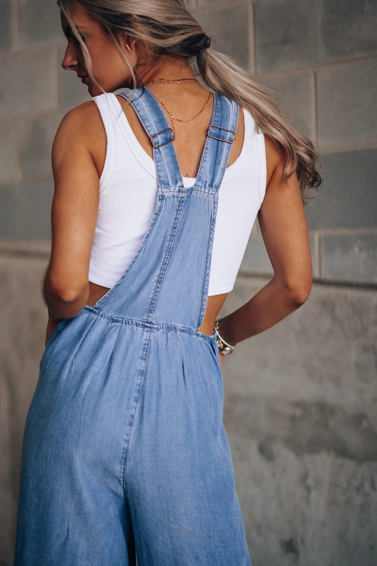 Pocket Design Wide Leg Suspender Denim Jumpsuit for Women Overall Cowboy BibSquare Neck Daily Regular Fit Sleeveless Summer Fall Aviola
