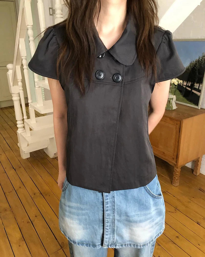 MEXZT Vintage Black Shirts Women Japanese Harajuku White Cropped Puff Short Sleeve Blouses Summer Korean Casual Design Tops New Aviola