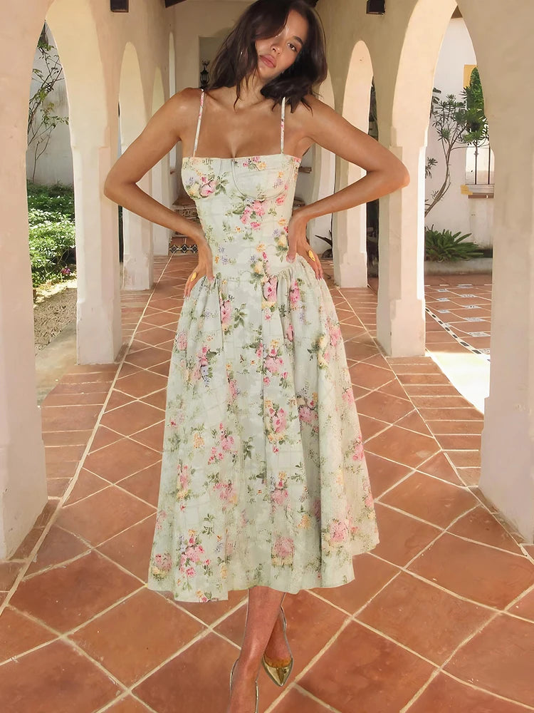 Nibber Backless Flower Print Dress Women Summer Trend Square Collar Sleeveless Sweet Style Vacation Beach Party Long Bodycon Aviola