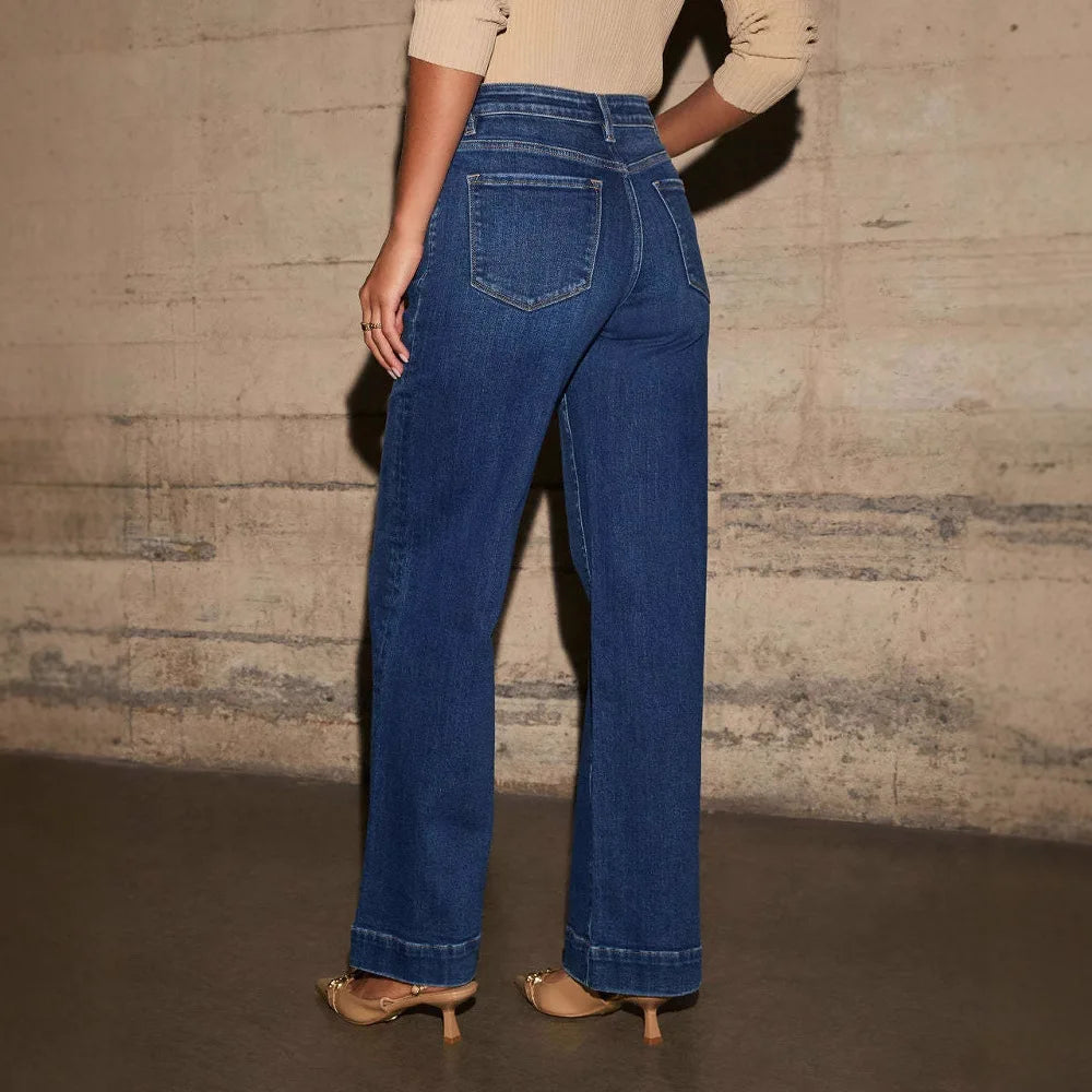 Wide Leg Pants Women Jeans Denim Long Pants Straight Trousers Vintage Button Pocket Blue Simple Loose Y2k High Waist Streetwear Aviola
